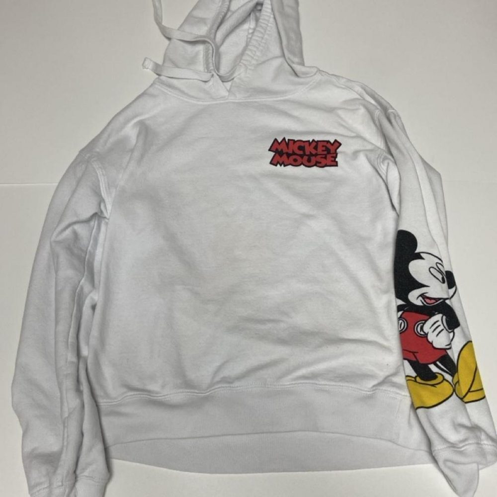 White Disney Mickey Mouse hoodie with graphic of Mickey Mouse and friends #disne